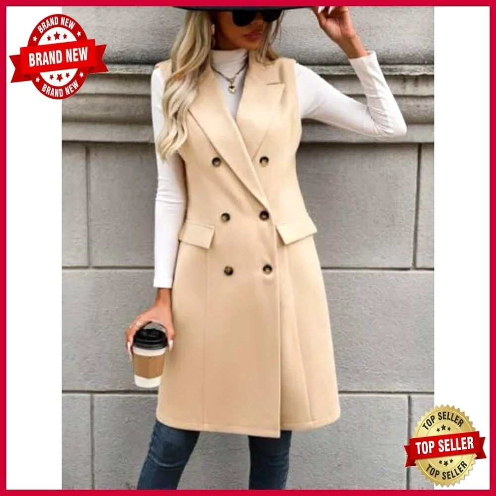 Medium Wool Blend Vest Sleeveless Blazer Jacket Knee Length Outerwear